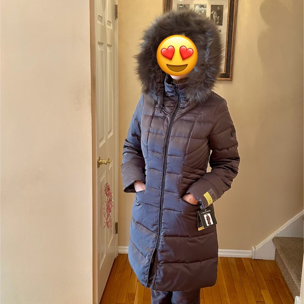 1 Madison Grey Down Insulated Quilted Puffer Coat Detachable Faux Fur Hood S